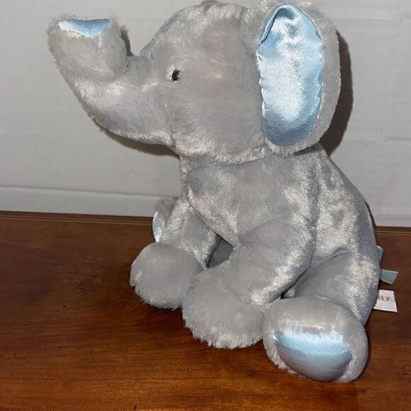 BABY GUND EMMET 10” Super Soft Baby Elephant blue satin details Chime Rattle Toy - Picture 3 of 12